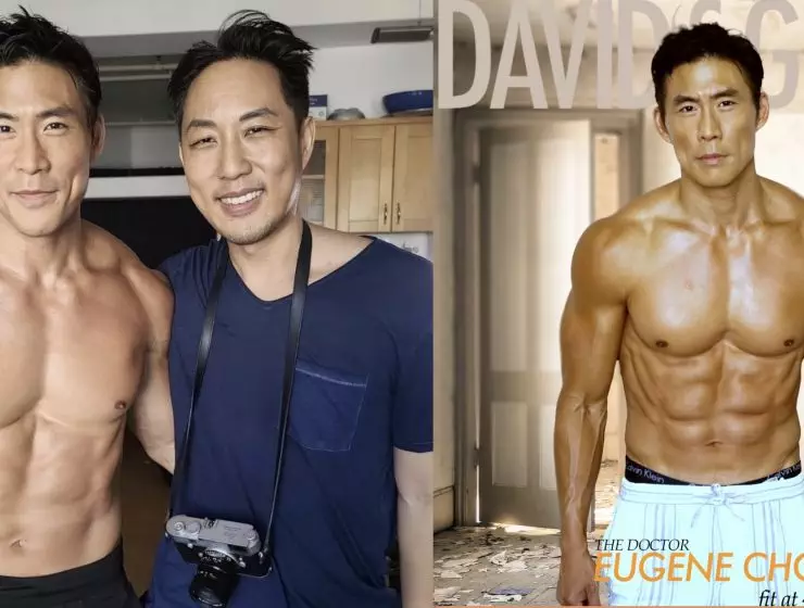 The image shows two side-by-side photos of a fit man, one where he smiles with another person and another where he poses alone showing his physique.