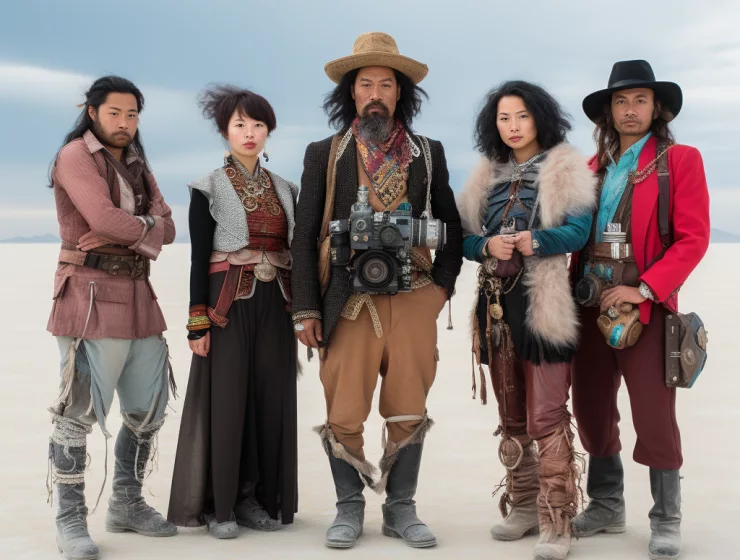 A diverse group of five individuals dressed in eclectic, vintage Western attire stand confidently against a serene, cloudy background.
