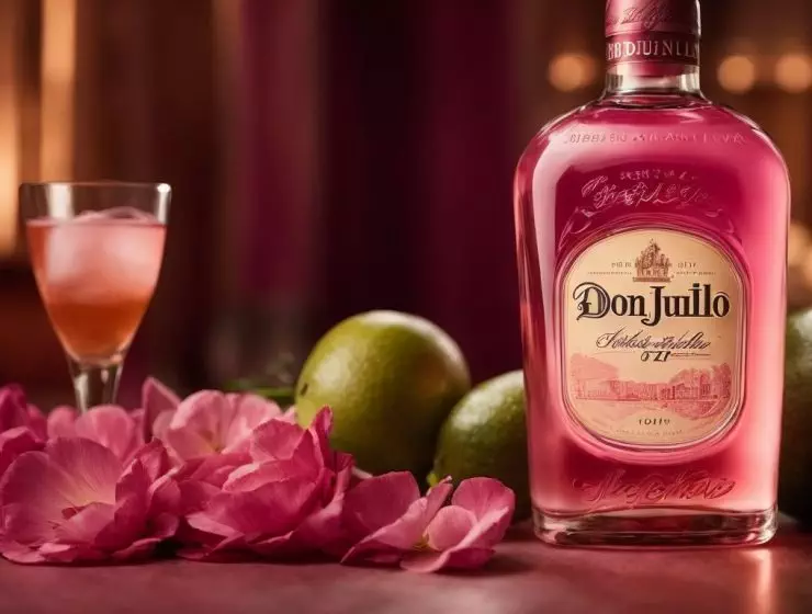 A bottle of Don Julio tequila is presented with a glass, limes, and pink petals on a table against a warm, blurry background.