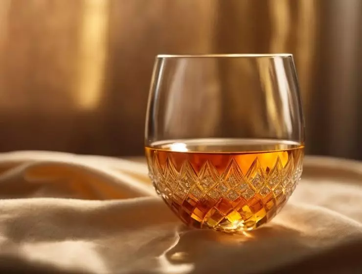 A glass of amber-colored liquid, possibly whiskey, is set on a cream surface with a bottle and warm golden drapery in the background.
