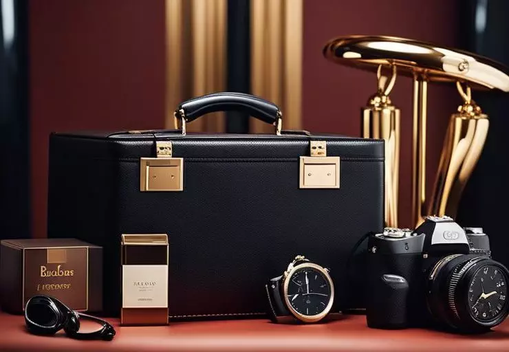 A luxurious assortment including a leather briefcase, wristwatch, camera, and two bottles of fragrance set against a rich maroon background.