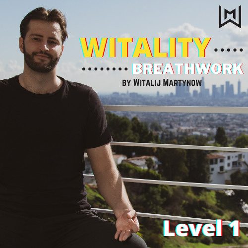 A man sitting on a balcony with a cityscape in the background, promoting an album or program called  WITALITY Breathwork  by Vitalij Martynow, labeled  Level 1. 